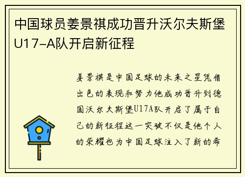 中国球员姜景祺成功晋升沃尔夫斯堡U17-A队开启新征程