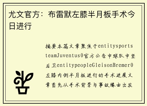 尤文官方：布雷默左膝半月板手术今日进行